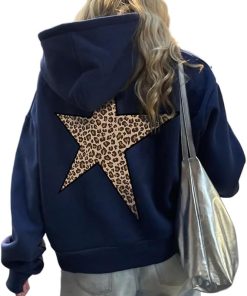 heyheyshine Star Graphic Hoodies Oversized Y2k Leopard Print Hooded Sweatshirt Cheetah Hoodie Streetwear Unisex Pullover Tops