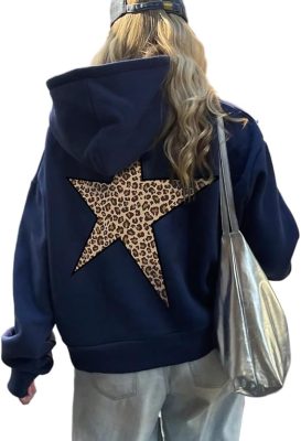 heyheyshine Star Graphic Hoodies Oversized Y2k Leopard Print Hooded Sweatshirt Cheetah Hoodie Streetwear Unisex Pullover Tops